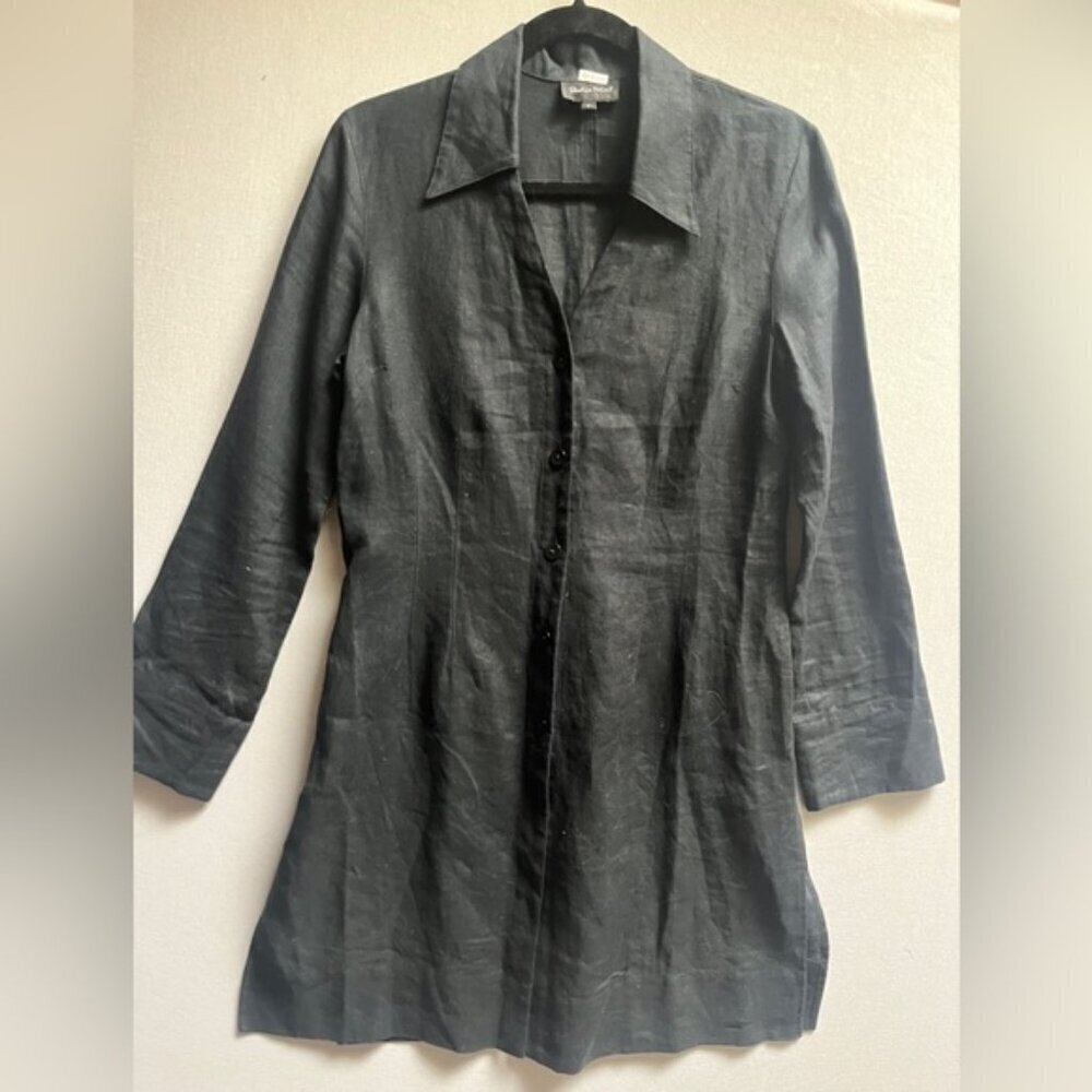 Studio Point Black Linen Button Up Long Sleeve Shirt Dress M